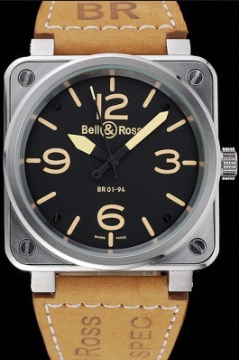 Bell and Ross BR 01-92 Black Dial Silver Case Gold Numerals Brown Leather Strap Bell Ross Replica For Sale