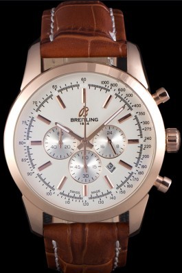 Breitling Transocean White Dial Brown Leather Strap Rose Gold Bezel Breitling Replica