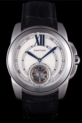 Cartier Calibre Flying Tourbillon White Dial Stainless Steel Case Black Leather Bracelet  Cartier Replica