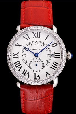 Cartier Ronde Louis Cartier White Dial Stainless Steel Case Diamond Bezel Red Leather Strap Cartier Replica