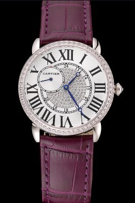 Cartier Ronde Louis Silver Diamond Case White Dial Purple Leather Bracelet 1454009 Cartier Replica