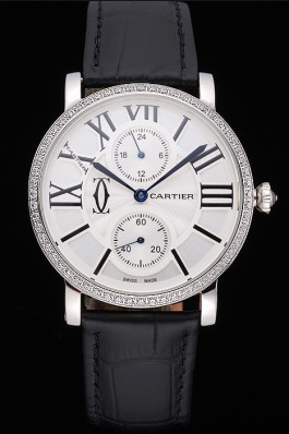 Cartier Ronde Second Time Zone White Dial Stainless Steel Case With Diamonds Black Leather Strap 622804 Cartier Replica