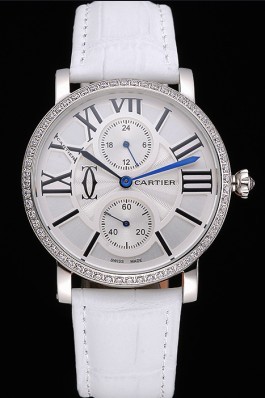 Cartier Ronde Second Time Zone White Dial Stainless Steel Case With Diamonds White Leather Strap 622803 Cartier Replica