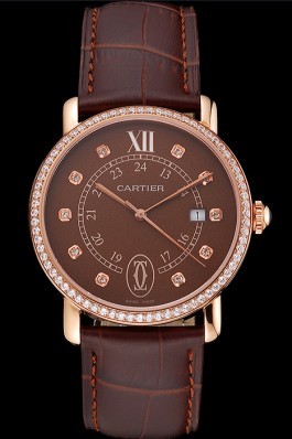 Cartier Ronde Solo Brown Dial Diamond Hour Marks And Bezel Rose Gold Case Brown Leather Strap Cartier Replica