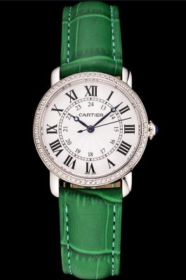 Cartier Ronde White Dial Diamond Bezel Stainless Steel Case Green Leather Strap Cartier Replica