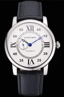 Swiss Cartier Rotonde Solo White Dial Silver Case Black Leather Strap  Cartier Replica