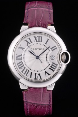 Cartier Ballon Bleu 38mm White Dial Stainless Steel Case Purple Leather Bracelet Cartier Replica