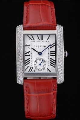Cartier Tank MC Stainless Steel Diamond Case White Dial Red Leather Strap 622173 Cartier Replica