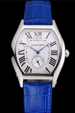 Cartier Tortue Large Date White Dial Stainless Steel Case Blue Leather Strap Cartier Replica