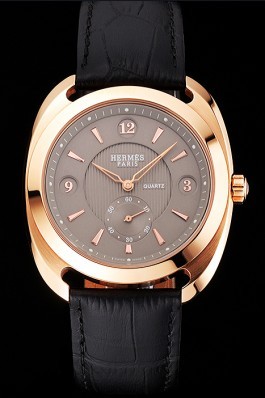 Hermes Dressage Light Brown Dial Rose Gold Case Black Leather Strap Hermes Replica Watches