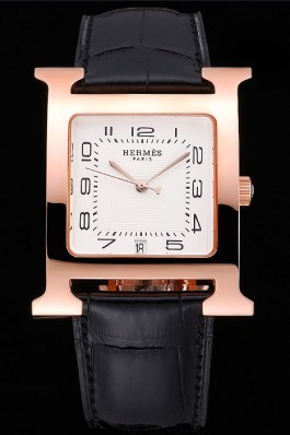 Hermes Heure H White Dial Gold Case Black Leather Strap Hermes Replica Watches