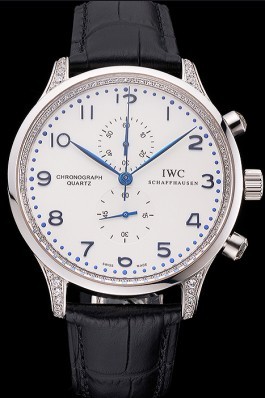 IWC Portugieser Chronograph White Dial Blue Hands And Numerals Steel Case With Diamonds Black Leather Strap Iwc Replica