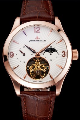 Jaeger LeCoultre Master Moonphase Tourbillon White Dial Rose Gold Case Brown Leather Strap Le Coultre Watch