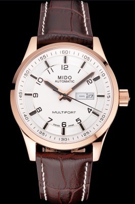 Mido Multifort Brown Croco Leather Strap White-Silver Dial 80300 Mido Replica