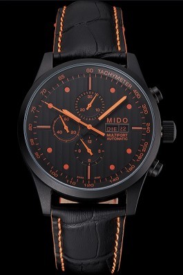 Mido Multifort Cronograph All Black & Orange Dial Black Leather Strap 622181 Mido Replica