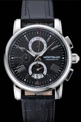 Montblanc Chronograph Black Dial Black Leather Bracelet Silver Case 1454111 Mont Blanc Watch Replica