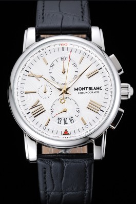 Montblanc Chronograph White Dial Black Leather Bracelet Silver Case 1454114 Mont Blanc Watch Replica
