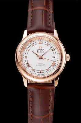 Omega De Ville Prestige Ladies White Dial Rose Gold Case Brown Leather Strap  Omega Replica Watch