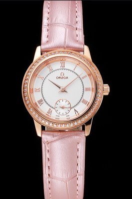 Omega De Ville Prestige Small Seconds White Dial Diamond Bezel Rose Gold Case Pink Leather Strap Omega Replica Watch