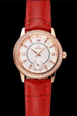 Omega De Ville Prestige Small Seconds White Dial Diamond Bezel Rose Gold Case Red Leather Strap Omega Replica Watch