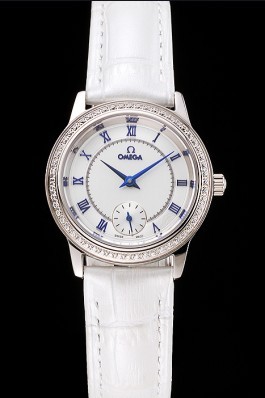 Omega De Ville Prestige Small Seconds White Dial Diamond Bezel Stainless Steel Case White Leather Strap Omega Replica Watch