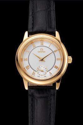 Omega De Ville Prestige Small Seconds White Dial Gold Case Black Leather Strap Omega Replica Watch