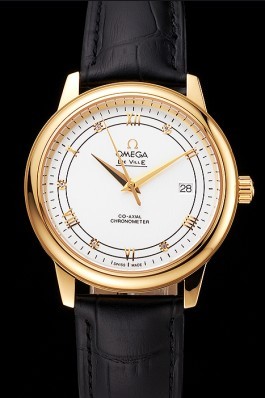 Omega De Ville Prestige White Dial Gold Case Black Leather Strap Omega Replica Watch