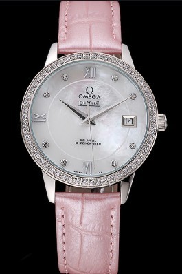Omega DeVille Prestige Co-Axial Diamond Silver Case Mother-Of-Pearl Dial Pink Leather Strap  Omega Replica Watch
