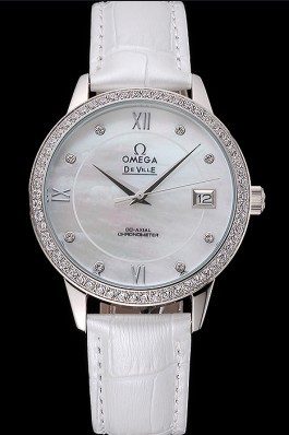 Omega DeVille Prestige Co-Axial Diamond Silver Case Mother-Of-Pearl Dial White Leather Strap  Omega Replica Watch