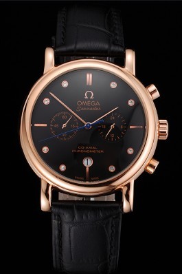 Omega Seamaster Vintage Chronograph Black Dial Diamond Hour Marks Rose Gold Case Black Leather Strap Omega Replica Seamaster