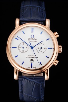 Omega Seamaster Vintage Chronograph White Dial Blue Hour Marks Rose Gold Case Blue Leather Strap Omega Replica Seamaster