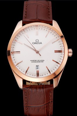 Omega Tresor Master Co-Axial White Dial Rose Gold Case Brown Leather Strap Omega Replica Watch