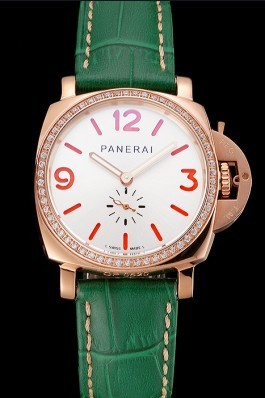 Panerai Radiomir White Dial Diamond Bezel Rose Gold Case Green Leather Strap 1453803 Panerai Replica Watch
