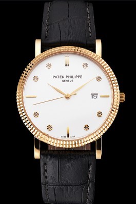 Patek Philippe Calatrava White Dial Diamond Hour Marks Ribbed Bezel Gold Case Black Leather Strap Aaa Grade Patek Philippe Replica