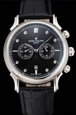 Patek Philippe Chronograph Black Dial With Diamonds Stainless Steel Case Black Leather Strap Fake Patek Philippe