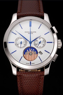 Patek Philippe Chronograph White Dial Blue Hands Stainless Steel Case Brown Leather Strap  Fake Patek Philippe