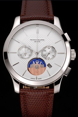 Patek Philippe Chronograph White Dial Stainless Steel Case Brown Leather Strap Fake Patek Philippe