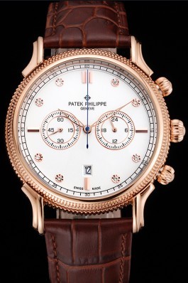 Patek Philippe Chronograph White Dial With Diamonds Rose Gold Case Brown Leather Strap Fake Patek Philippe