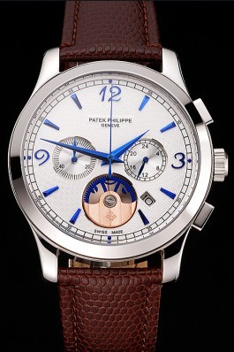 Patek Philippe Chronograph White Guilloche Dial Blue Hands Stainless Steel Case Brown Leather Strap Fake Patek Philippe