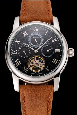 Patek Philippe Grand Complications Day Date Tourbillon Black Dial Numerals Stainless Steel Case Brown Suede Leather Strap 1453816 Fake Patek Philippe