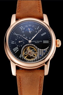 Patek Philippe Grand Complications GMT Moonphase Tourbillon Black Dial Rose Gold Case Brown Suede Leather Strap 1453821 Fake Patek Philippe