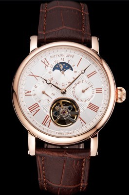 Patek Philippe Grand Complications Moonphase Perpetual Calendar Tourbillon White Dial Rose Gold Case Brown Leather Strap Fake Patek Philippe