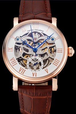 Patek Philippe Grand Complications White Skeleton Dial Rose Gold Case Brown Leather Strap 1453808 Fake Patek Philippe