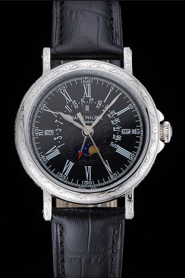 Patek Philippe Perpetual Calendar Retrograde Date Black Dial Engraved Silver Case Black Leather Bracelet 1454146 Fake Patek Philippe