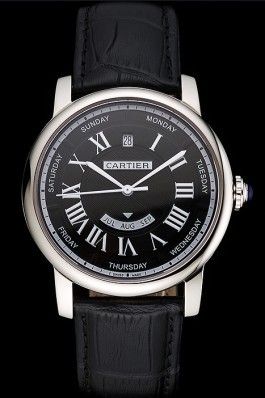 Swiss Cartier Rotonde Annual Calendar Black Dial Stainless Steel Case Black Leather Strap Cartier Replica