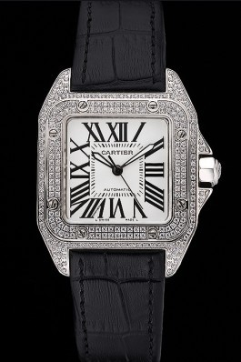 Swiss Cartier Santos Dumont Diamond Case White Dial Roman Numerals Black Leather Bracelet 622652 Cartier Replica