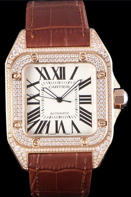 Swiss Cartier Santos Rose Gold Bezel with Diamonds and Brown Leather Strap sct46 621530 Cartier Replica