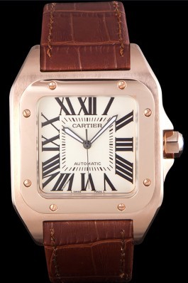 Swiss Cartier Santos Rose Gold with Brown Leather Strap 621522 Cartier Replica