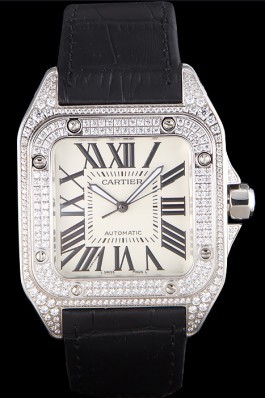 Swiss Cartier Santos Silver Bezel with Diamonds and Black Leather Strap sct47 621531 Cartier Replica