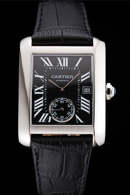 Swiss Cartier Tank MC Black Dial Stainless Steel Case Black Leather Strap Cartier Replica